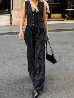 Forever 21 Office Striped Sleeveless Vest Pants Set Spring